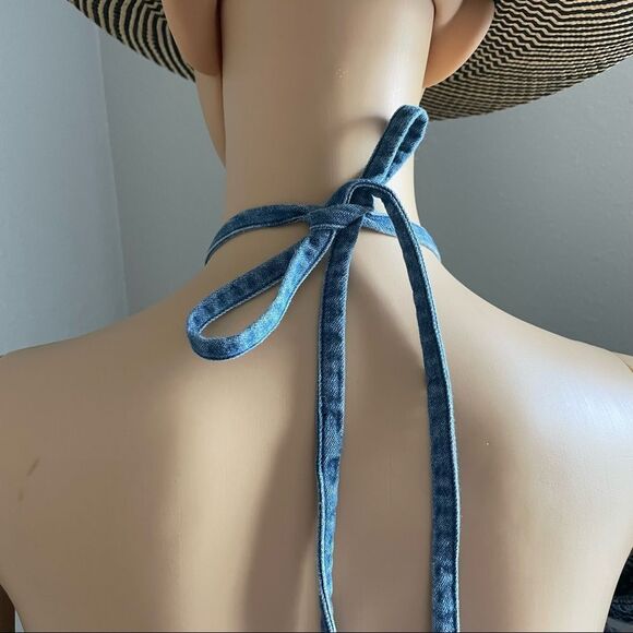 ASOS Denim Bandage Mini Dress with Halter Strap and Attached Bell Sleeve Size 8 - Picture 12 of 15